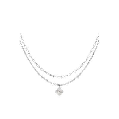 Tweelaagse ketting met bloem - zilver - stainless steel
