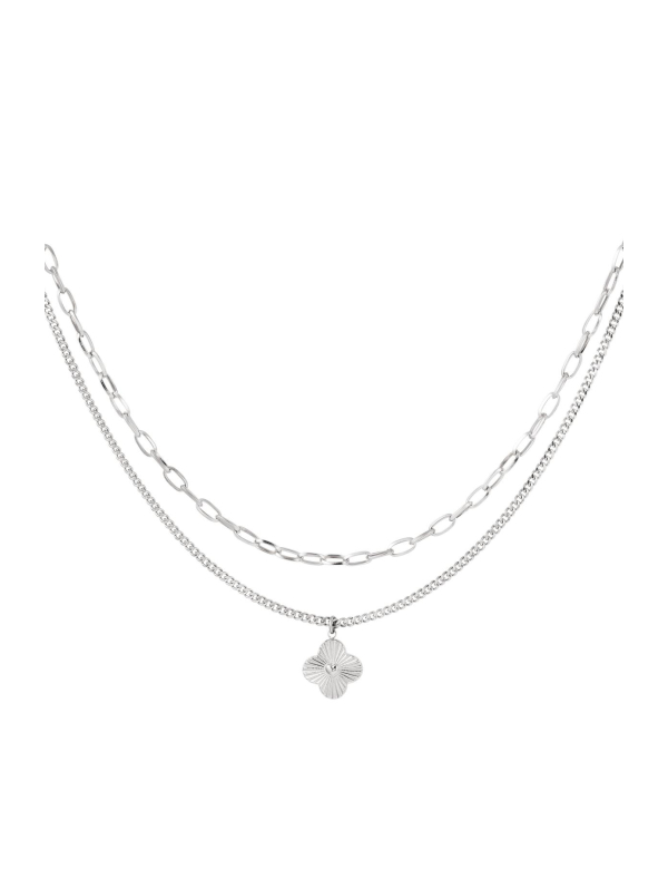 Tweelaagse ketting met bloem - zilver - stainless steel