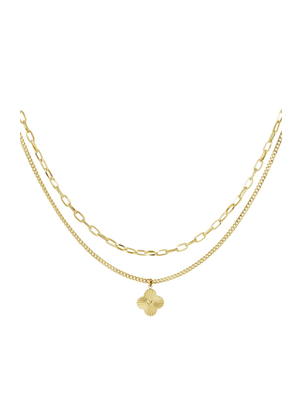 Tweelaagse ketting met bloem - goud - stainless steel