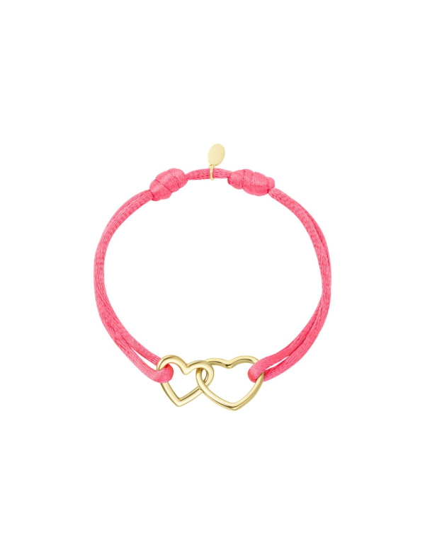 Stoffen armband hartjes - fuchsia - stainless steel