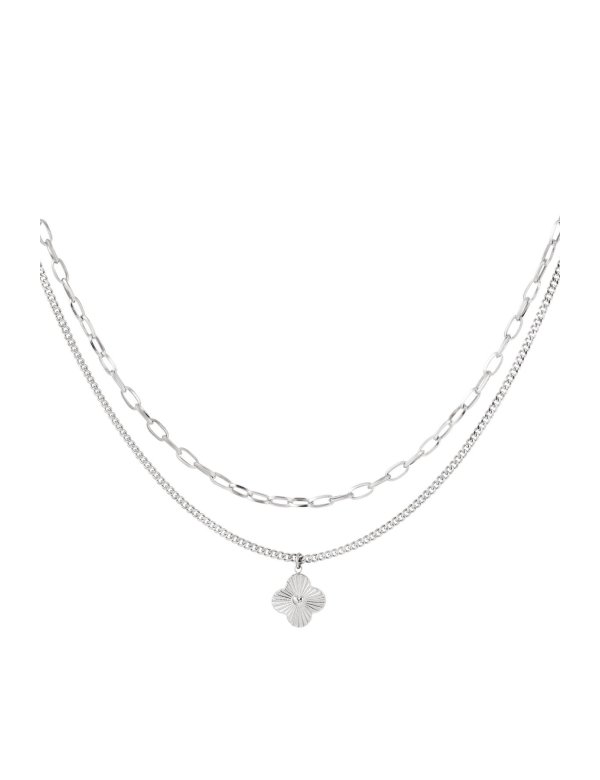 Tweelaagse ketting met bloem - zilver - stainless steel